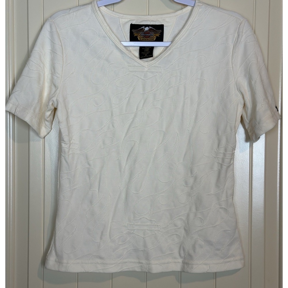 Harley Davidson women's stretch short sleeve V-neck textured shirt sz M GUC